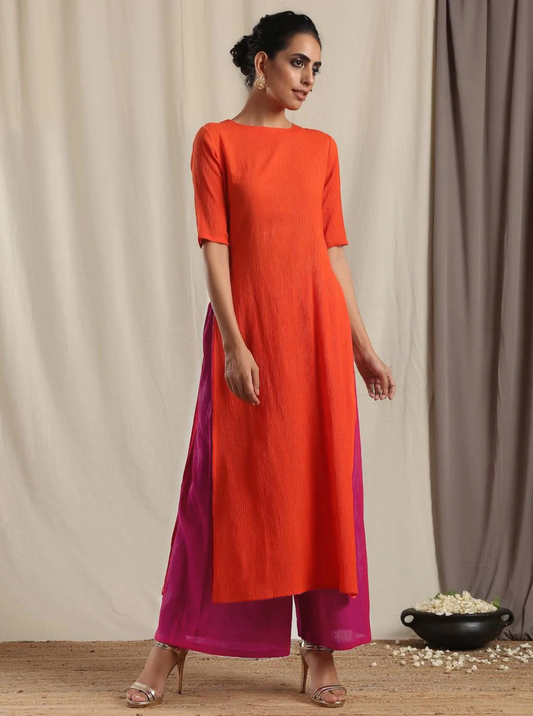 trueBrowns Orange Crinkle Slit Kurta Pant Set | Swadesiicart
