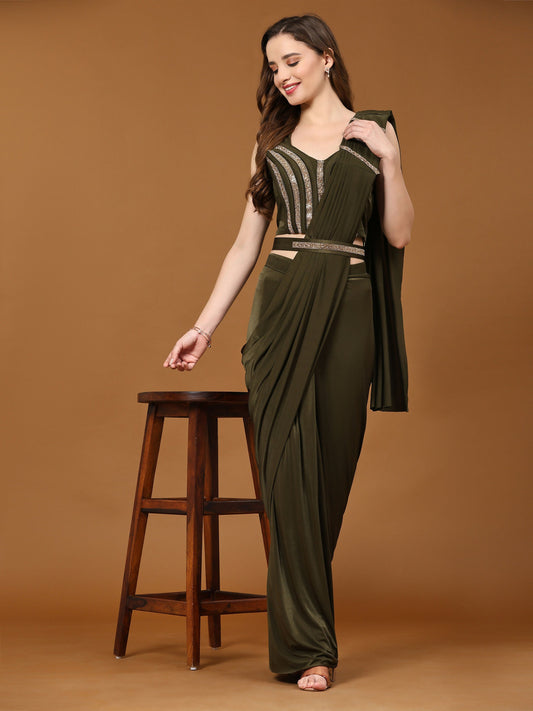 Green Polyester Solid Ready to Wear Saree with stitched Blouse - Nita | Swadesiicart