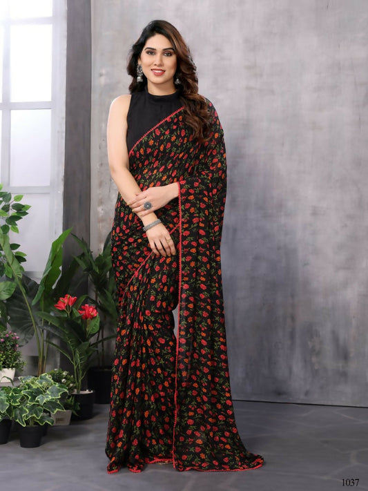 Partywear Designer Black & Red Georgette Fancy Saree - Satrangi | Swadesiicart