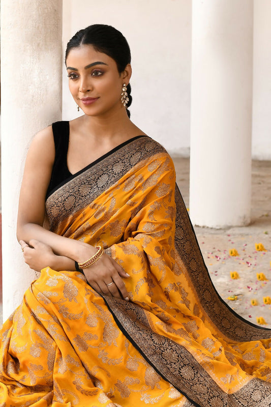 Joban Fashion Yellow Crepe Chiffon Pure Handloom Banarasi Silk Saree | Swadesiicart