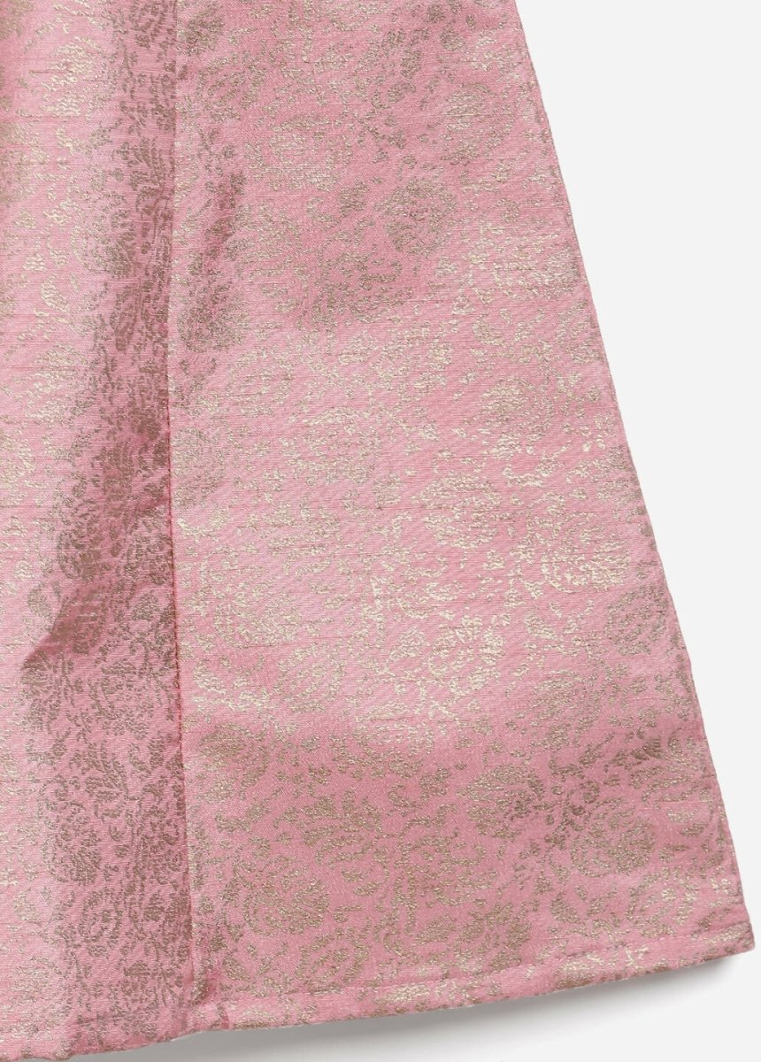 Ahalyaa Pink Poly Silk Gold Print Girl's Kids Dress For Girls | Swadesiicart
