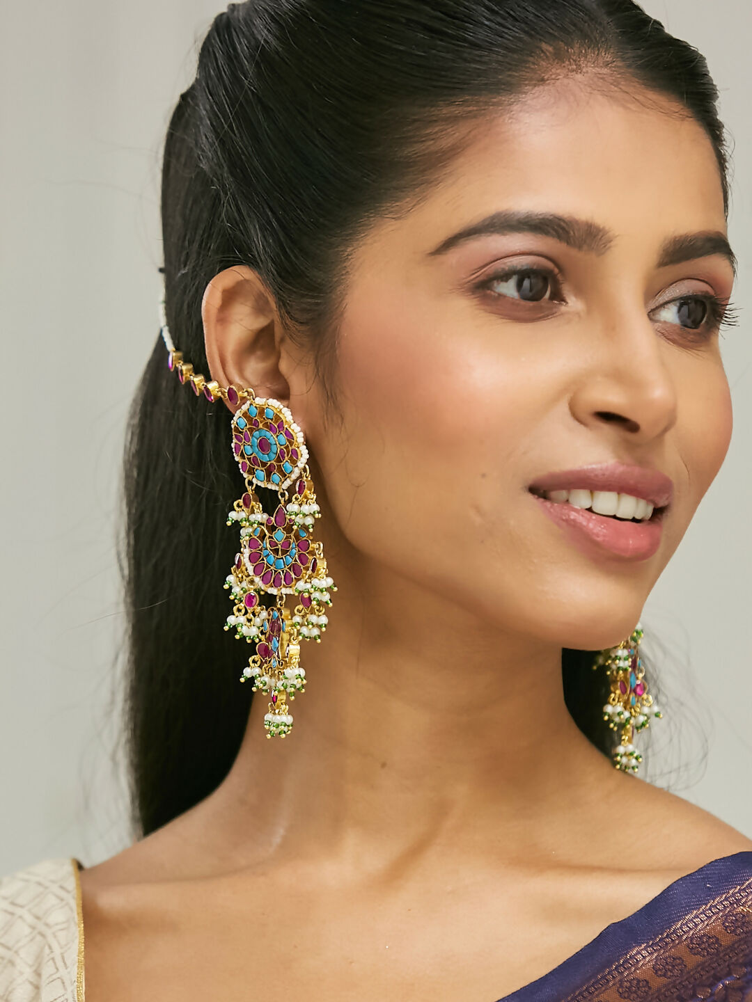 Nuyug 22K Gold-Plated Kundan Studded & Pearl Beaded Crescent Shaped Kanauti Earrings | Swadesiicart