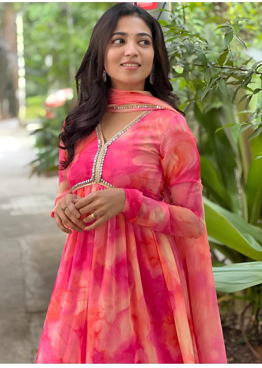 Indian Clothing Dishitha Creation Women Floral Printed Designer Gown - Pink