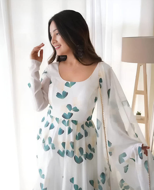 Dishitha Creation Women Floral Printed Designer Gown - Off White | Swadesiicart