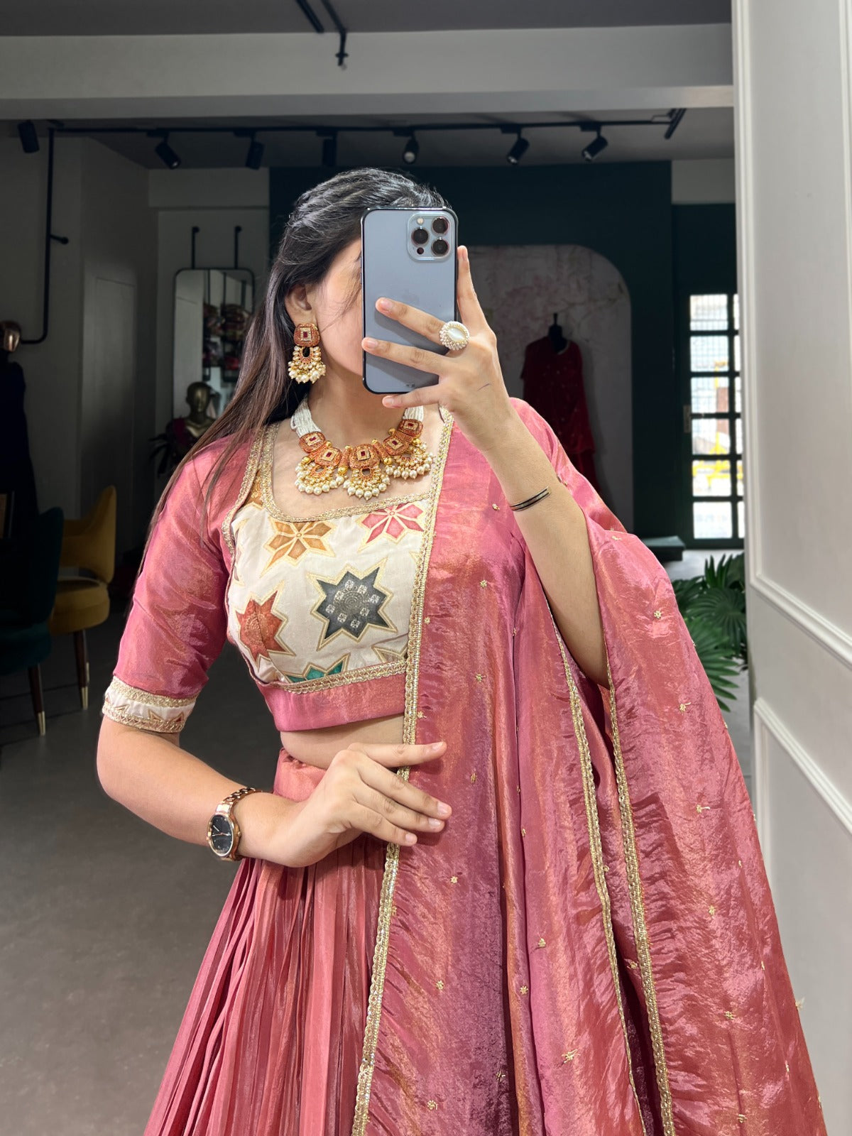 Lorenvalley Peach Premium Pure Shimmer Pure Shimmer Lehenga Choli | Swadesiicart