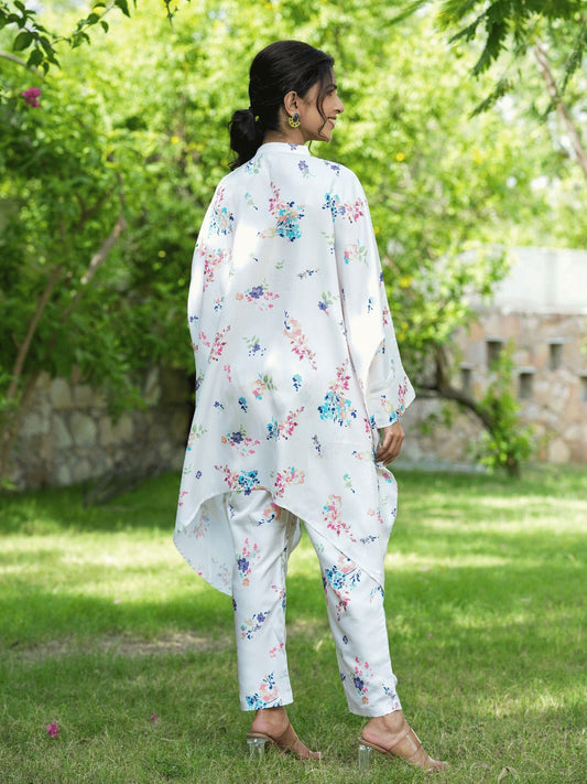 Yufta White Floral Print Kaftan Kurta with Trousers Co-Ords - Swadesiicart