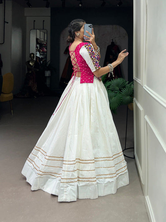 Lorenvalley White Pure Cotton Plain With Gota Patti Touch Up Lehenga Choli