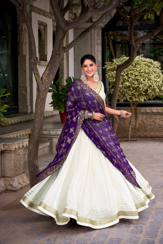 Lorenvalley Fashion White Pure Rayon Lace Touch Up Lehenga Choli with Dupatta - Swadesiicart