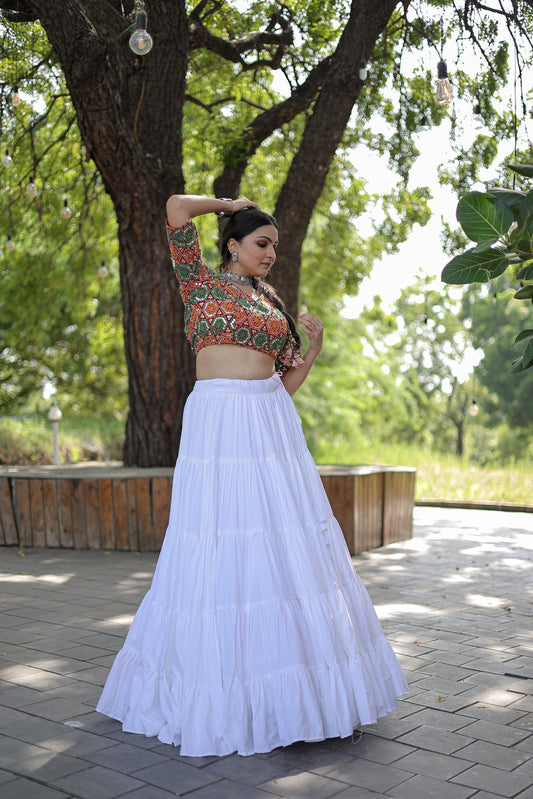 Lorenvalley White Premium Rayon Lehenga with Georgette Embroidered Traditional Thread work Choli | Swadesiicart