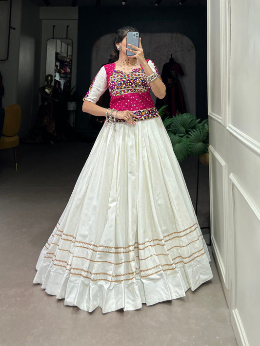 Lorenvalley White Pure Cotton Plain With Gota Patti Touch Up Lehenga Choli