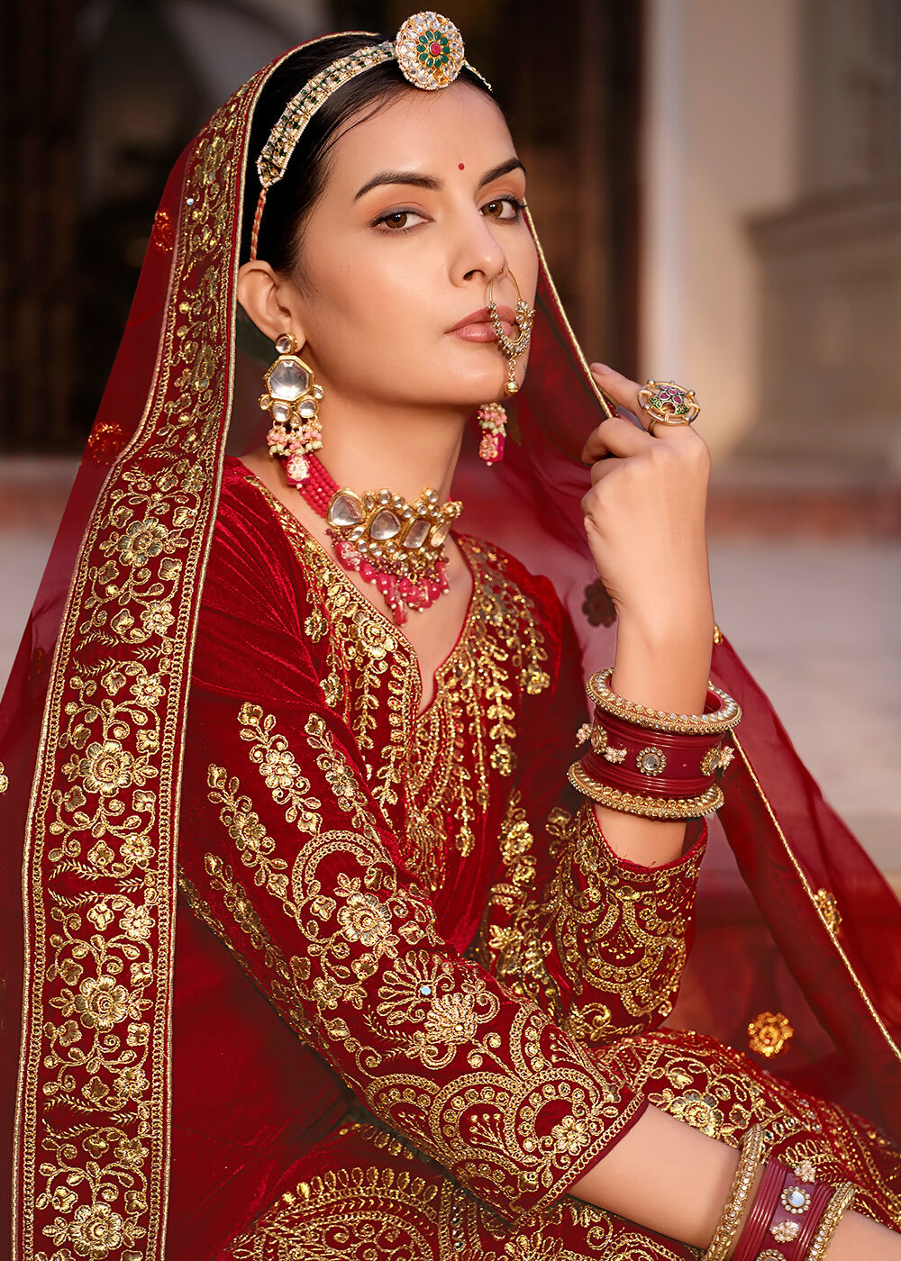 Maroon Velvet Front & Back Embroidery Wedding Anarkali Suit - Emponline | Swadesiicart