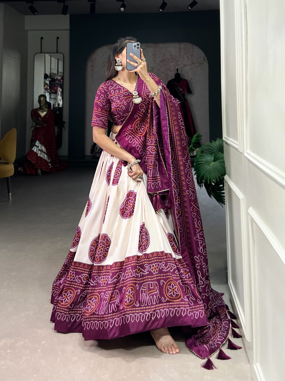 Lorenvalley Wine Tussar Silk with Bandhej Print Lehenga Choli | Swadesiicart