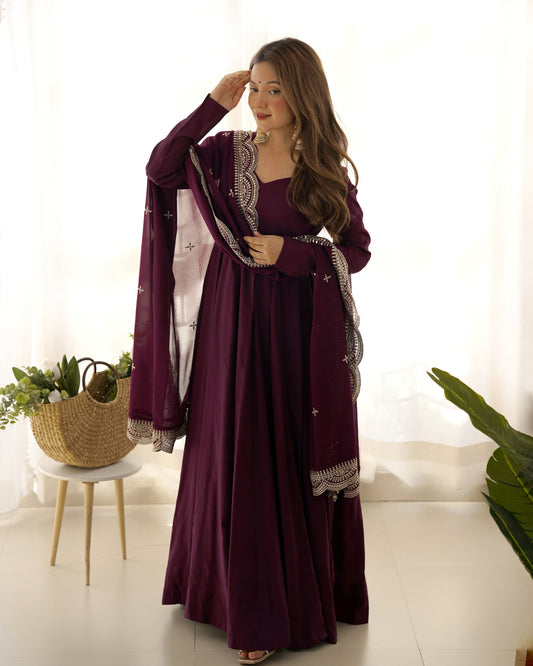 Lorenvalley Mauve Pure Roman Silk Chanderi Fabric Fully Flared Anarkali Pant With Dupatta Set - Wine | Swadesiicart