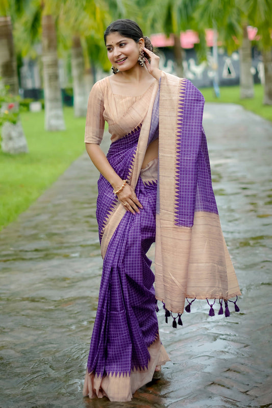 Vishnu Weaves Women's Purple Tussar Silk Woven Saree with Blouse - Swadesiicart