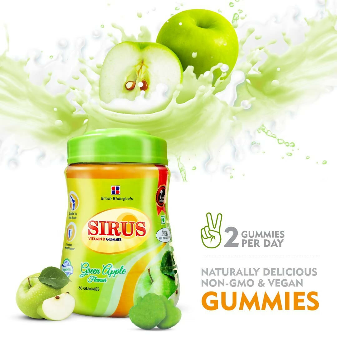 British Biologicals Sirus Vitamin D3 Gummies with Sugar for Women & Men - Green Apple