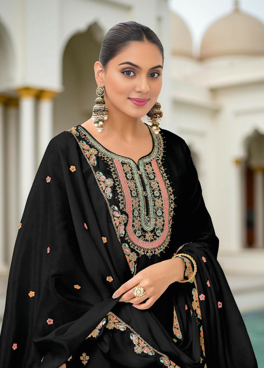 Ethnic Festive Wear Black Primium Chinon Fabric Stitched Suit With Dupatta - Zeeya | Swadesiicart