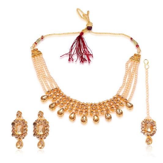 Tehzeeb Creations Golden Plated Necklace With Stone And Pearl Studded | Swadesiicart