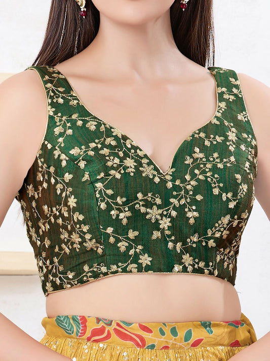 Joban Fashion Dark-Green Mulberry Silk Sleeveless Back Open Blouse - Swadesiicart