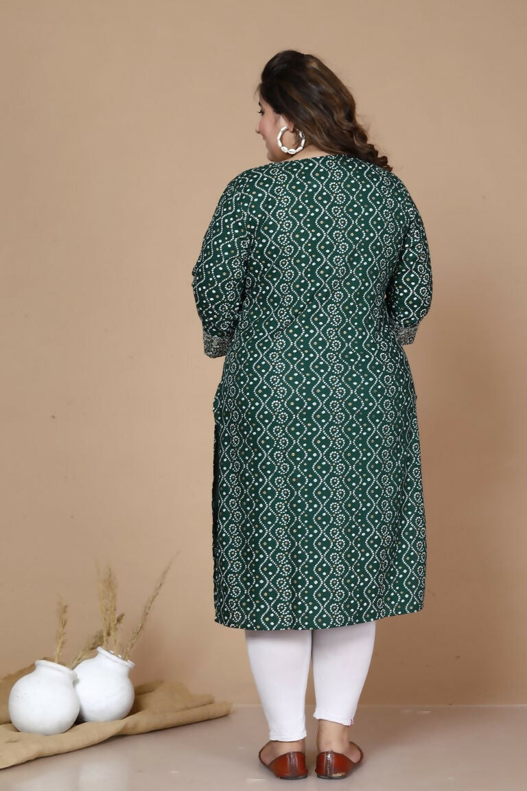 Miravan Women's Plus Size Rayon Bandhani Print Straight Kurta Green - Swadesiicart