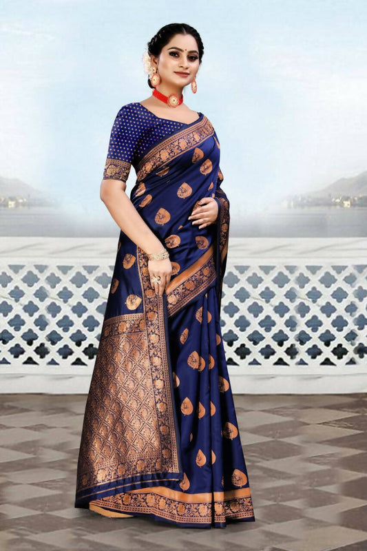 DEIANA'S Beautiful Designer Golden zari Soft Lichi Silk Saree - Blue - Swadesiicart