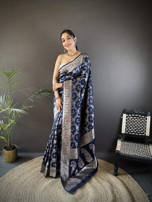 Joban Fashion Blue Meenakari Banarasi Silk Sarees | Swadesiicart