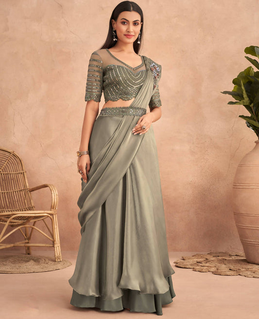 Green Satin Embroidered Ready To Wear Saree With Unstitched Blouse Piece - Nandika | Swadesiicart