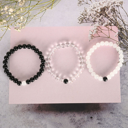 NVR Men & Women Transparent & White & Black Marbel Crystal Elasticated Bracelet - Swadesiicart