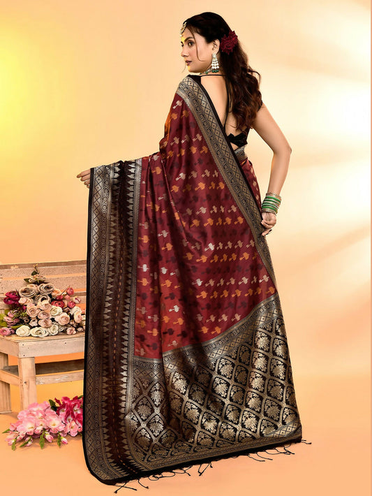 Joban Fashion Maroon & Black Plain With Weaving Border Banarasi Silk Sarees | Swadesiicart