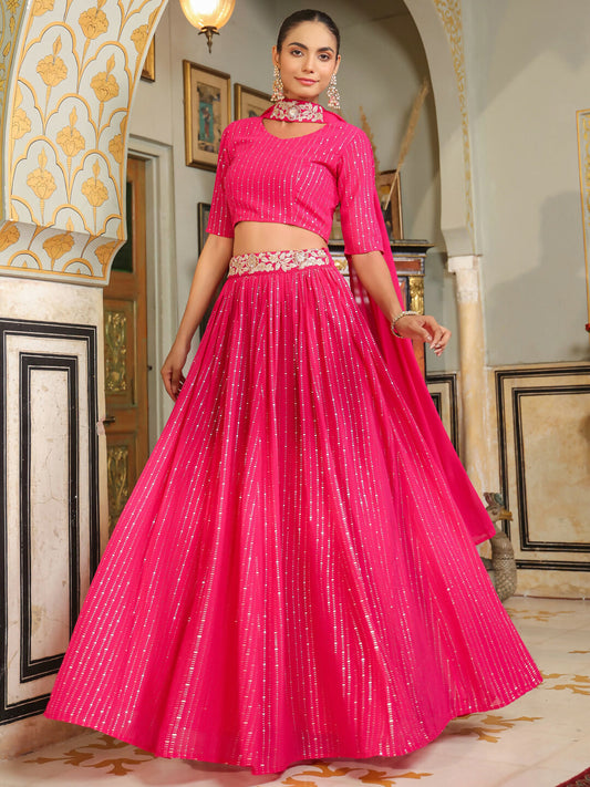 Janasya Pink Georgette Foil Print Lehenga Choli Dupatta | Swadesiicart