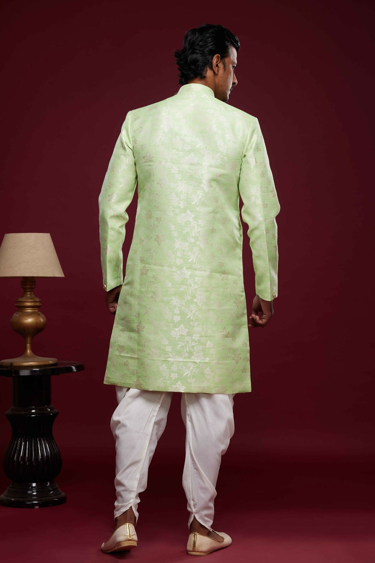 Raivat Ethnic Banarasi Jacquard Embroidery Semi Indo Western Sherwani In Pista Green Colour | Swadesiicart