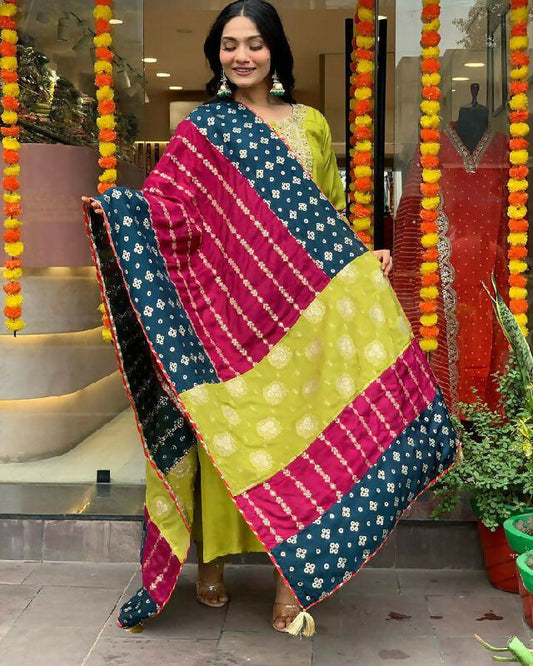 The52 Lemons Women's Gorgeous Embroidered Viscose Chanderi Fabric Straight Kurta Pant with Dupatta Set - Swadesiicart