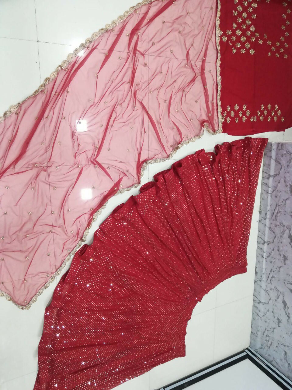 Jyoti Fashion Gorgeous Gajri Red 5MM Ton To Ton Red Thread Embroidery Faux Georgette Lehenga Choli with Dupatta | Swadesiicart