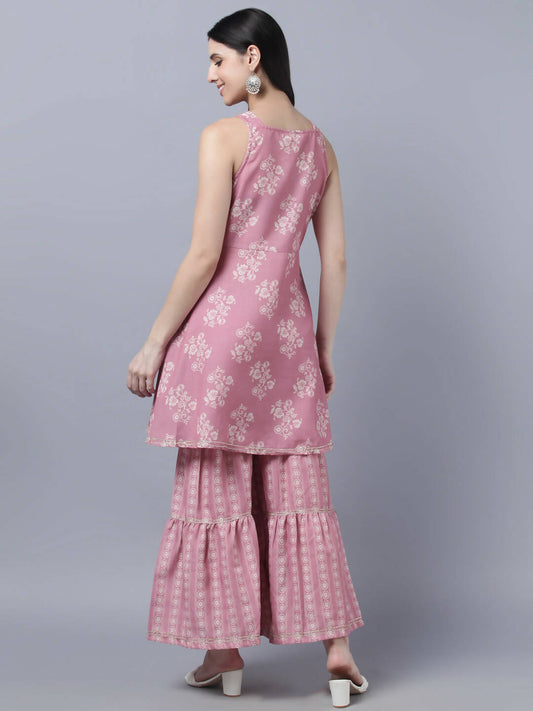 Myshka Women Peach-Coloured White Floral Printed Kurta with Sharara With Dupatta Set | Swadesiicart