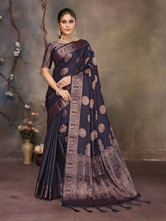 Joban Fashion Navy Blue Woven Jacquard Banarasi Silk Sarees | Swadesiicart