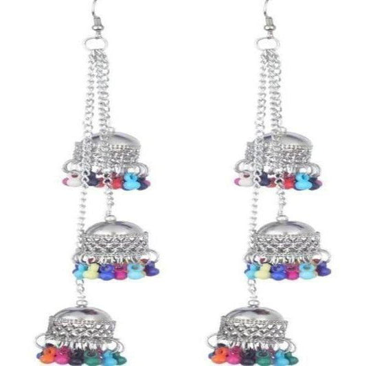 MS Fashion India Muskan Fancy Oxidized Silver triple With Multi color Pearl jhumki Long Earrings | Swadesiicart