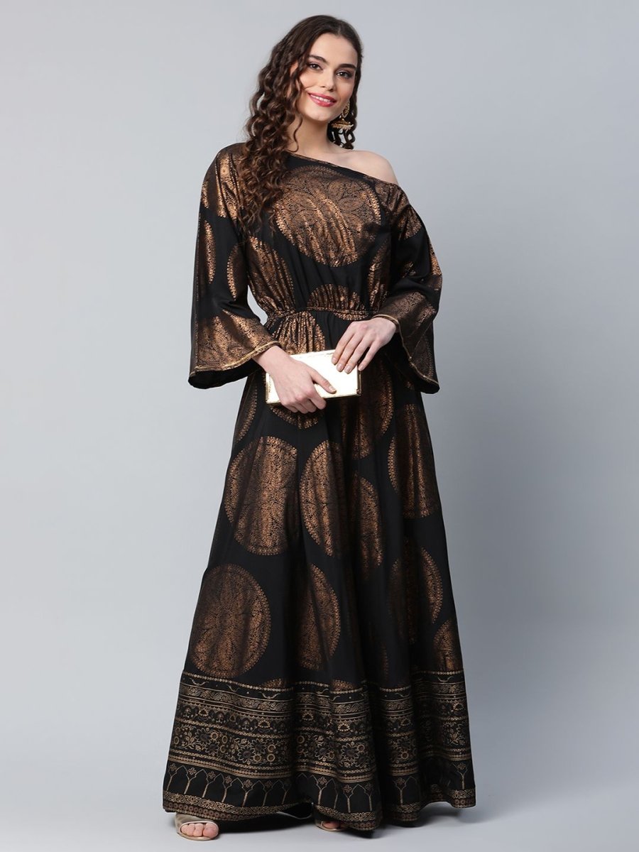 Ahalyaa Womens Black Crepe Copper Foil Printed Maxi Dress | Swadesiicart