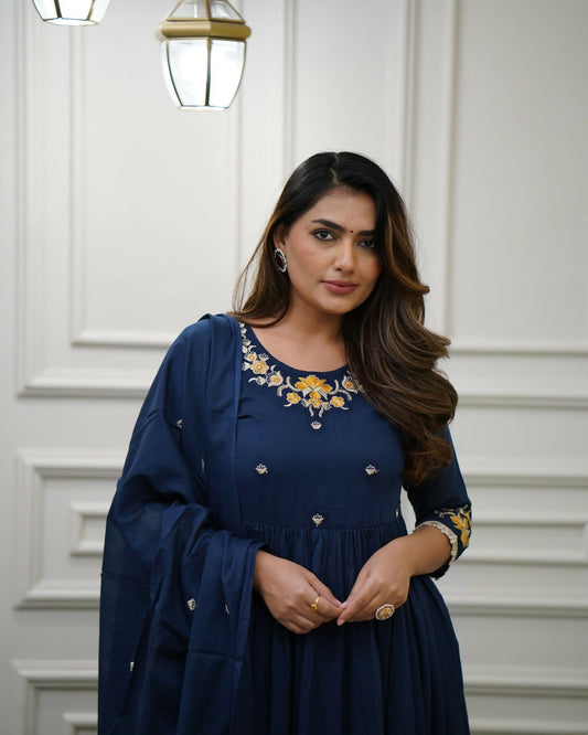The52 Blue Women's Gorgeous Viscose Fabric Embroidered Work Flared Kurta Pant and Dupatta Set - Swadesiicart