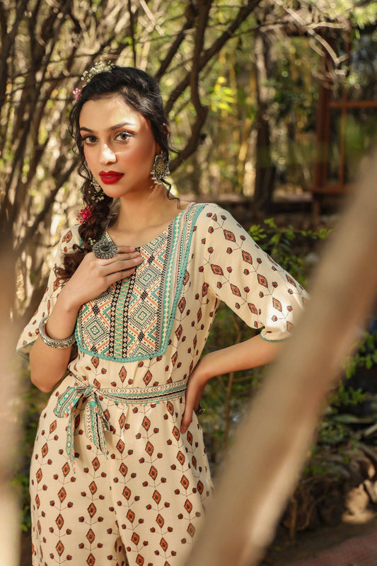 Juniper Women Ivory Rayon Printed Straight Jumpsuit - Swadesiicart