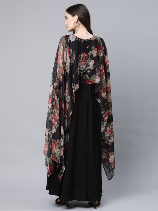Ahalyaa Women Black Crepe Dress With Attached Dupatta | Swadesiicart