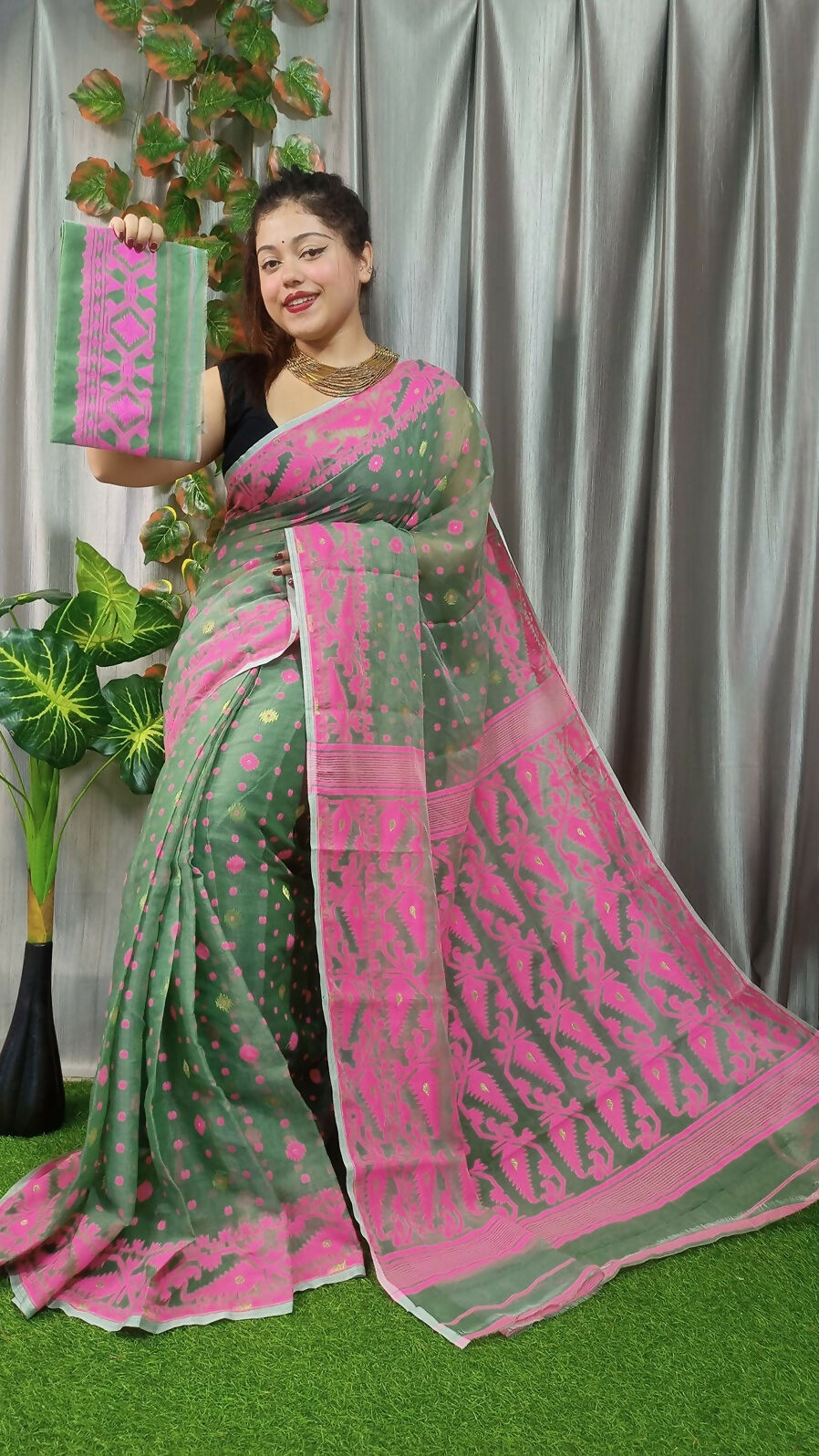 Exclusive Collection Olive Beautiful Jamdani Collection Saree - Swadesiicart