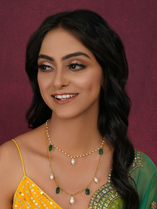 Layered Pearl and Gold Neckpiece with Emeralds (Gold) - Ruby Raang | Swadesiicart