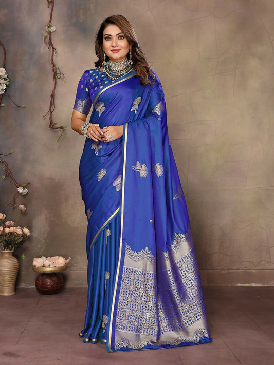 Joban Fashion Blue Floral Motifs Banarasi Silk Sarees | Swadesiicart