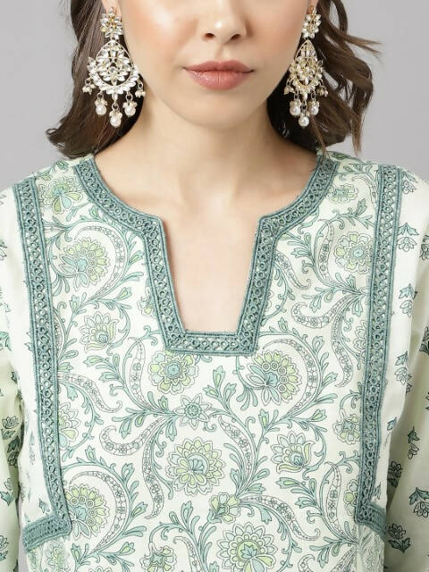 FIORRA Women's Sea Green Cotton A-Line Kurta Set - Swadesiicart