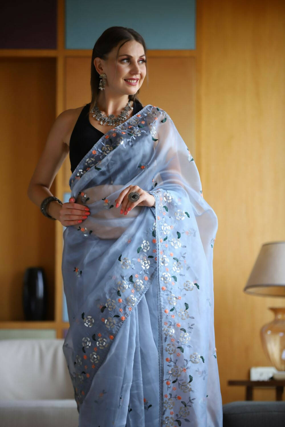 Vamsee Blue Organza Saree - Swadesiicart