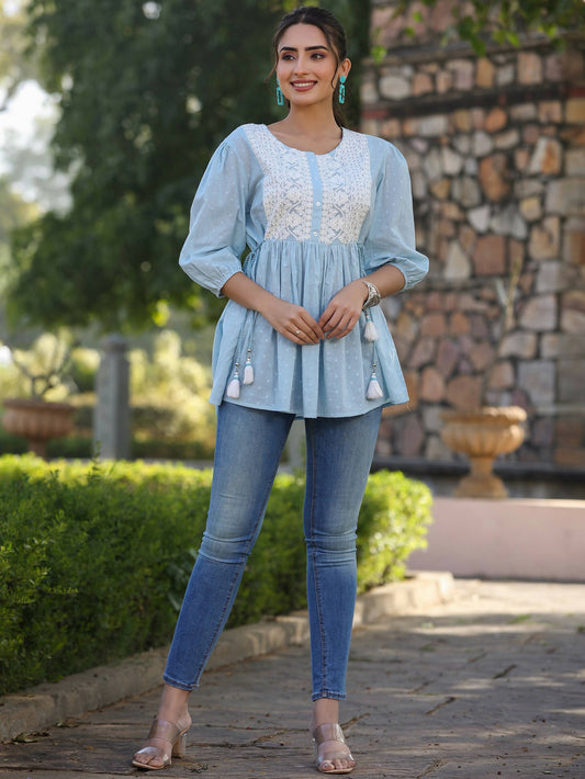 Juniper Women's Blue Cotton Dobby Solid With Embroidered Straight Tunic | Swadesiicart
