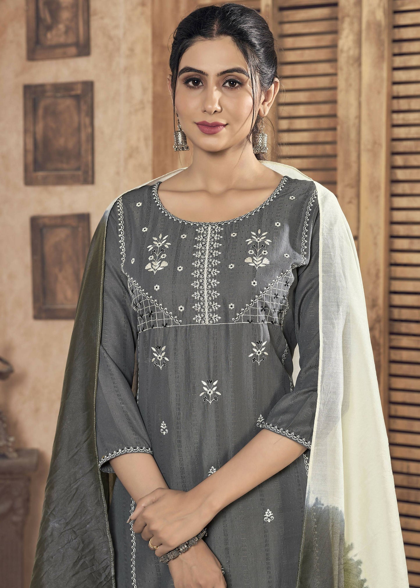 Jyoti Fashion Women's Grey Pure Viscose Weaving Stripe with Embroidery Kurta Set