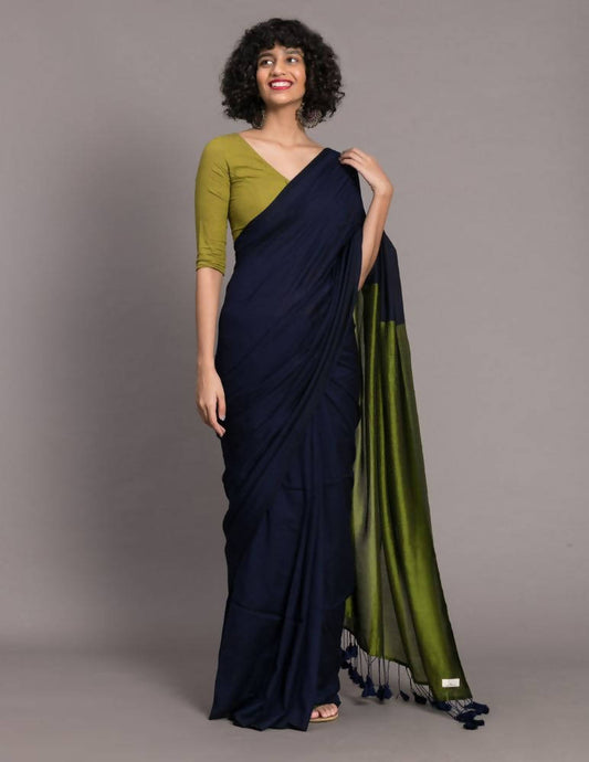 Suta Blue Green Colourblocked Cotton Blend Saree | Swadesiicart