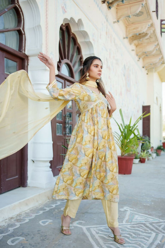 Vaasva Women Yellow Muslin Embroidered Kurta, Pant & Dupatta Set | Swadesiicart