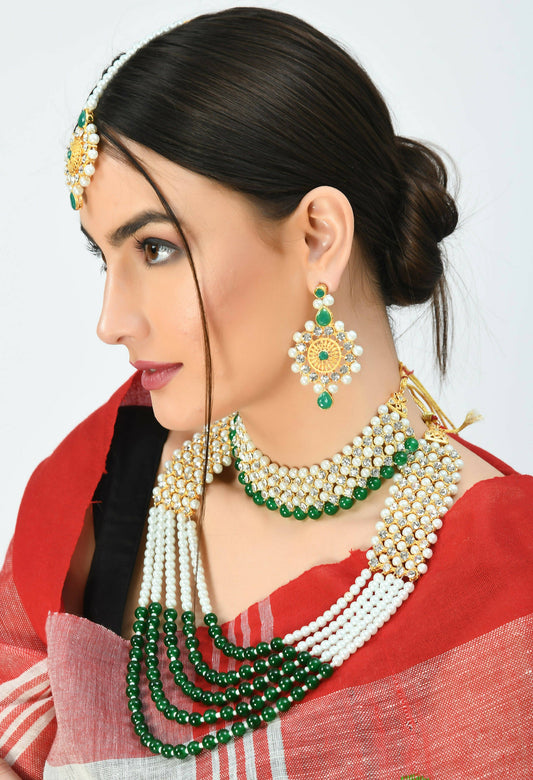 Mominos Fashion Johar Kamal Gold-Polished Rani Haar with Cream Green and Off white Pearls Jewellery Set - Swadesiicart