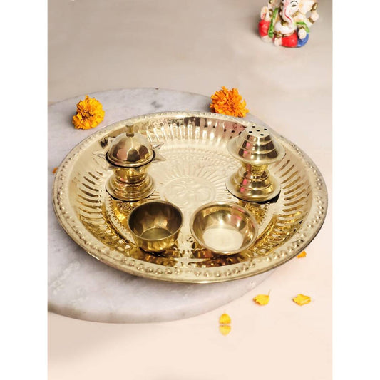 Tied Ribbons Gold Toned Pooja Thali With Attached Incense Diya Tilak Holder | Swadesiicart